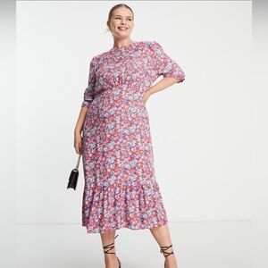 Chic Floral Midi Dress in Red and Blue